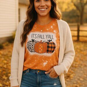 Its Fall Yall T Shirt Sz Medium Graphic Print Orange Pumpkin Design Casual Top